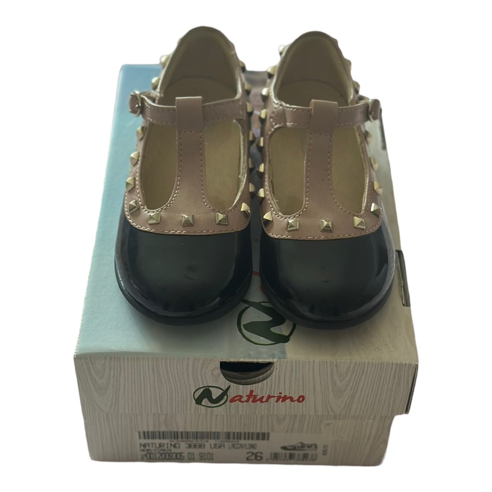 Naturino, little girls/toddler dress shoes size 26 or 10US, black/tan with studs